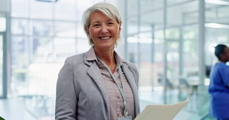 Mature, woman and work at hospital with document, admin paperwork and report of results for insurance. Healthcare, planning and portrait in clinic with folder for doctor and nursing administration