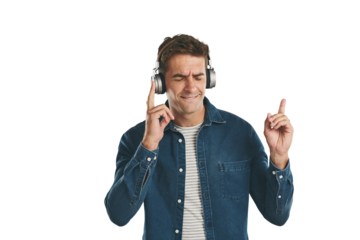 Happy man, headphones and listening to music for audio streaming, sound track on a transparent PNG background. Isolated or young male person enjoying podcast, tune or songs on headset from playlist