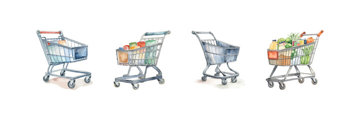 Supermarket cart watercolor set. Vector illustration design.