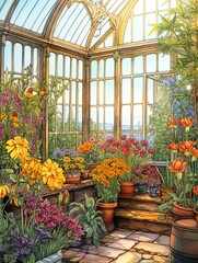 Fototapeta na wymiar Victorian Greenhouse Botanicals: Modern Landscape Scenes in Contemporary Greenhouses.