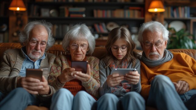 Addiction by gadget dependency with a photo of family members sitting together but absorbed in their own devices, symbolizing the breakdown of face-to-face communication.
