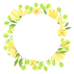 Abstract floral yellow and green spring summer circle frame abstract flowers. Watercolor hand drawn isolated on white background. For invitations, labels, packaging design.