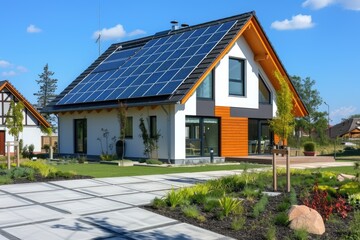 Obraz premium New suburban house with a photovoltaic system on the roof. Modern eco friendly passive house with solar panels on the gable roof, driveway and landscaped yard