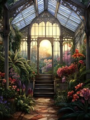 Fototapeta na wymiar Victorian Greenhouse Botanicals: Protected Plant House in a National Park Art