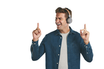 Man, listening and enjoy music with headphones for song, dance and sing with online playlist streaming. Person, audio and sound for entertainment, wellness and happiness with png isolated background
