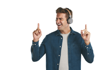 Man, listening and enjoy music with headphones for song, dance and sing with online playlist streaming. Person, audio and sound for entertainment, wellness and happiness with png isolated background