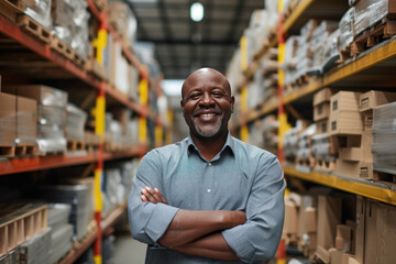 Fototapeta premium Smiling middle-aged African man in a hardware warehouse, standing with arms folded in the middle of a building materials aisle