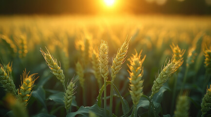 Wheat field at sunset. Ears of wheat in the field - obrazy, fototapety, plakaty