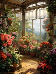 Fototapeta na wymiar Victorian Greenhouse Botanicals: Enchanting Scenic Prints and Picturesque Greenhouse Views
