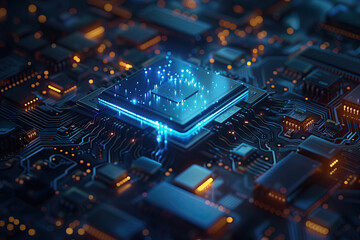 close up a blue chip processor with light on a electronic circuit board. technology concept