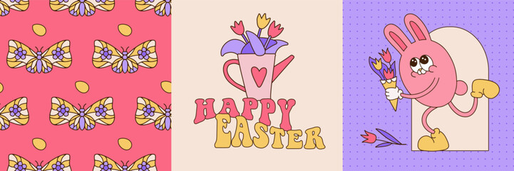Groovy Easter square covers or cards set. Spring bright bunny character in retro cartoon style. Cute watering can with tulips, rabbit, butterfly, eggs. Happy Easter hand drawn vector illustration