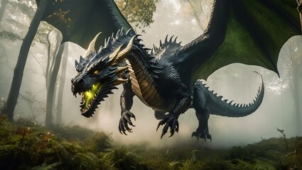 a large male black aggressive dragon flying over a foggy lush green forest - obrazy, fototapety, plakaty