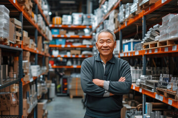 Fototapeta na wymiar Smiling middle-aged Asian man standing in hardware warehouse with folded arms surrounded by equipment racks
