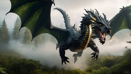 a large male black aggressive dragon flying over a foggy lush green forrest - obrazy, fototapety, plakaty