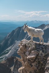 Obraz premium Mountain Goat on Rocky Ledge - Majestic Scene of Mountain Goat standing on High Rocky Ledge - Panoramic View of Mountain stretching into Distance under clear Sky created with Generative AI Technology