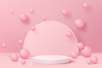 3d pink podium pedestal with minimal  scene and ball on pink background for product display, presentation, advertising.