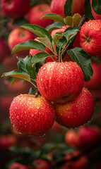 Red apples on branch with water drops