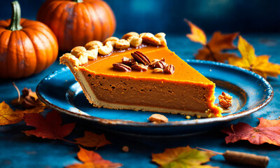 pumpkin pie on autumn background. Selective focus.