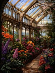 Fototapeta na wymiar Victorian Greenhouse Botanicals: A Radiant Tapestry of Colorful Plant Displays