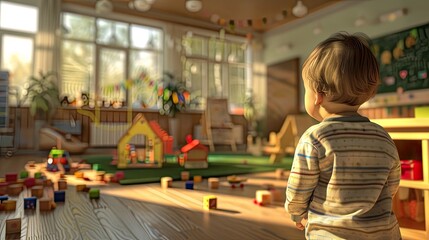 A child in front of a playroom, a child in his natural environment, such as a kindergarten...