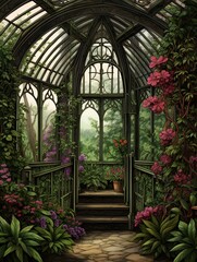 Victorian Greenhouse Botanicals: Enchanting Woodland Art Print of Forest-Based Greenhouses