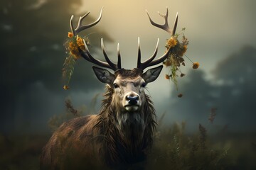 The majestic horns of a wild stag, crowned with dew-covered foliage, as it stands regally in a misty meadow at the break of dawn.