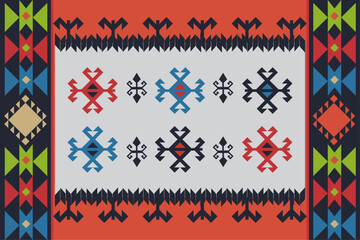 Ethnic fabric pattern design with orange, white, navy blue, red, geometric patterns for textiles and clothing, blankets, rugs, blankets. Vector illustration.