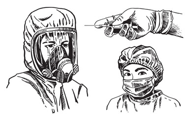 Portrait of nurse in mask and a hand holding syringe, health care elements. Covid-19 pandemic. Vector illustration