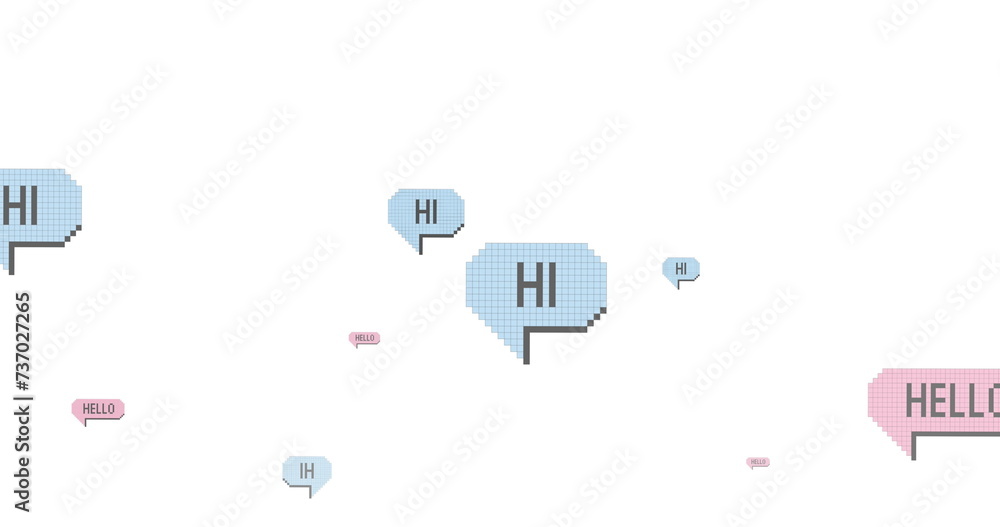 Poster image of multiple hi and hello text on vintage speech bubbles on white background