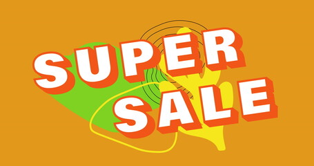 Image of super sale text on abstract shapes over orange background
