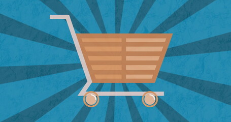Image of online shopping trolley icon on blue spinning stripes