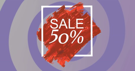 Image of sale 50 percent text in white frame on red and purple circles