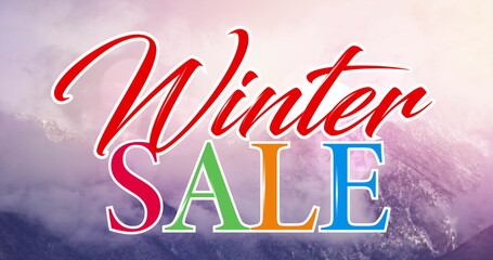 Image of winter sale text in multi coloured letters over winter landscape background