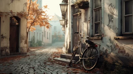 Rolgordijnen old buildings that create an authentic backdrop for a retro bike. This setting enhances the vintage charm and nostalgia. © Светлана Канунникова