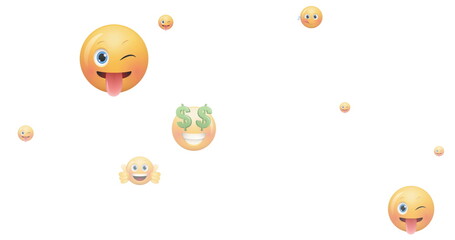 Image of multiple emoji icons flying on white background