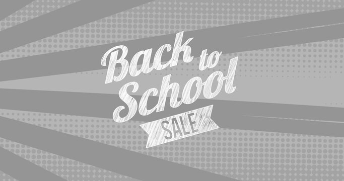 Image of back to school sale text on spinning grey stripes in background