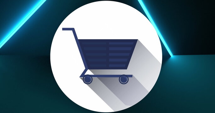 Image of online shopping trolley icon on blue glowing background
