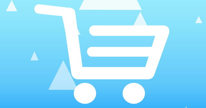Image of online shopping trolley icon over white triangles on blue background