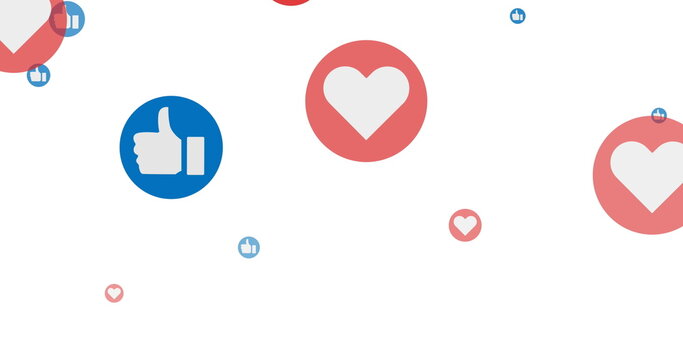 Image of like and love social media icons on white background