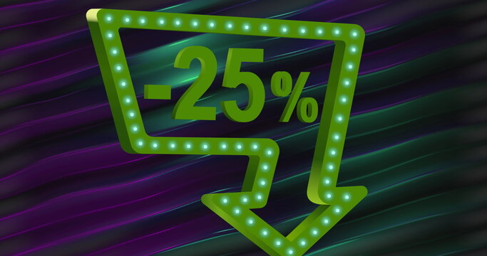 Image of minus 25 percent with arrow pointing down in green over purple and green background