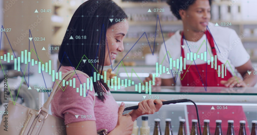 Poster image of data processing over diverse shop assistant and customer shopping