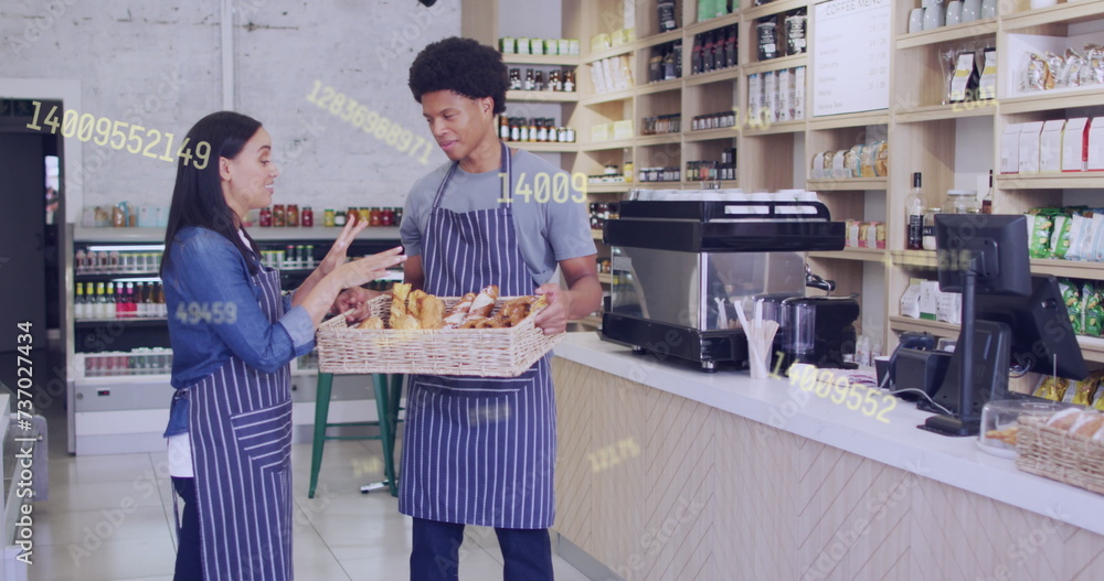 Canvas Prints Image of data processing over diverse shop assistants talking