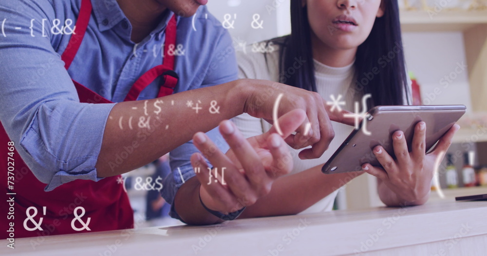 Aufkleber image of data processing over diverse shop assistant and customer talking
