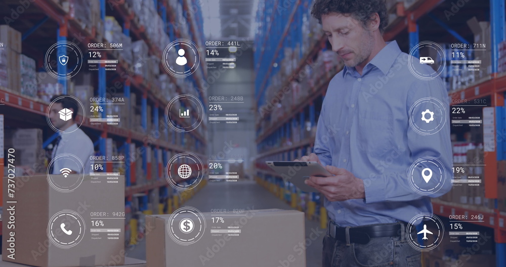 Poster image of icons with data processing over caucasian male worker using tablet in warehouse