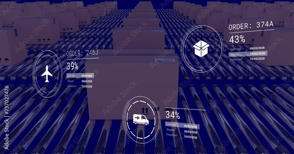 Aufkleber image of icons with data processing over boxes on conveyor belt