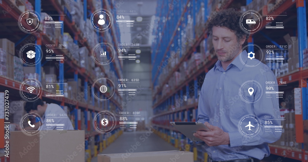 Poster image of icons with data processing over caucasian male worker using tablet in warehouse
