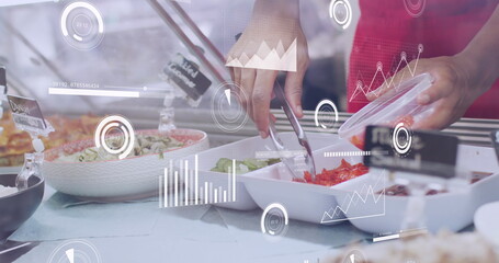 Image of data processing over biracial male shop assistant picking food