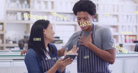 Image of data processing over diverse shop assistants talking