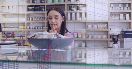 Image of data processing over caucasian female customer shopping