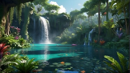An alien jungle with a lagoon and waterfall is depicted in this photorealistic image. There are intriguing alien animals in the scene, and the foliage is vivid and colorful.